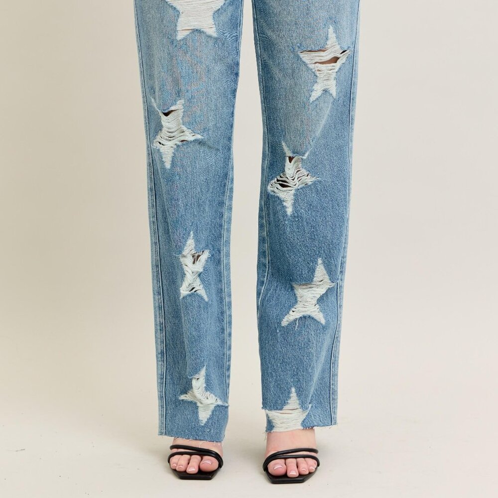 NWT Judy Blue High Waist Rigid Magic Star Shaped Destroy 90's Straight Jeans - Picture 2 of 4